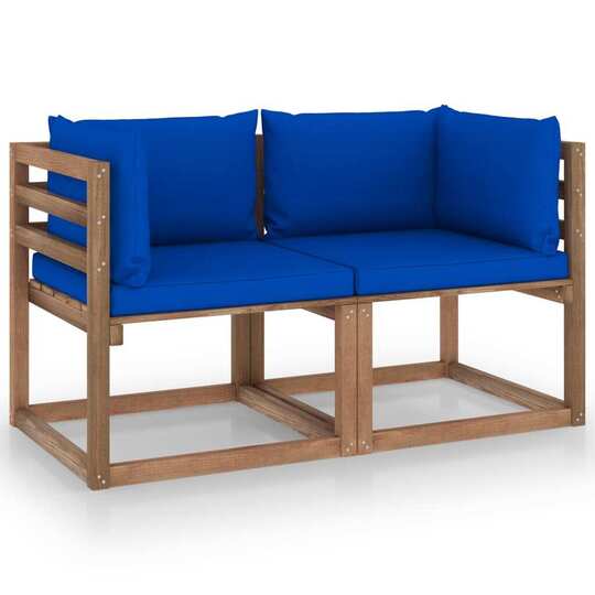 Dvivietė sodo sofa iš palečių su mėlynomis pagalvėlėmis, eglė - Foteliai, sofos