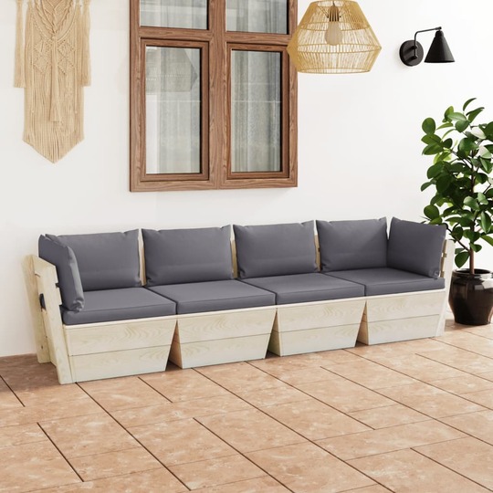 Keturvietė sodo sofa iš palečių su pagalvėlėmis, eglės mediena - Foteliai, sofos