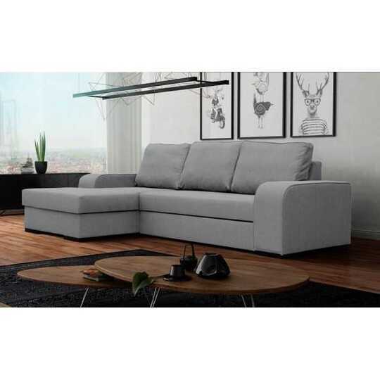 Kampinė sofa su miego funkcija ir patalynės konteineriu