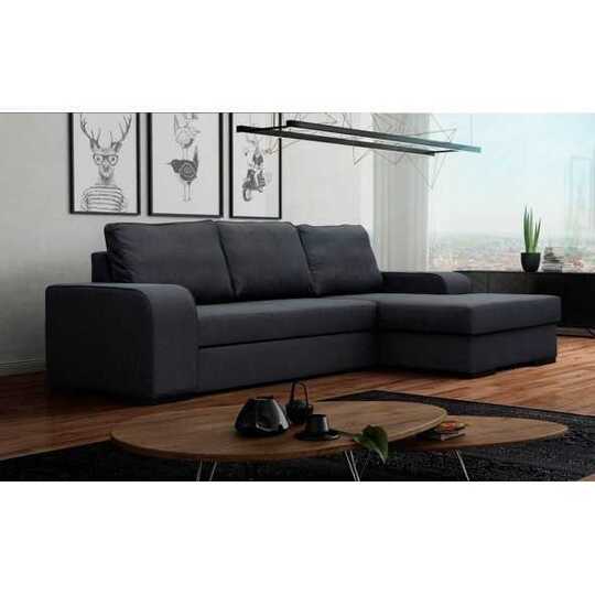 Kampinė sofa su miego funkcija ir patalynės konteineriu