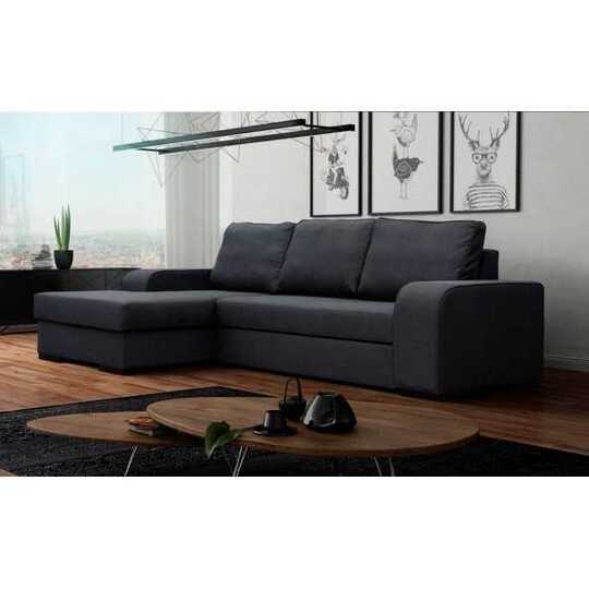 Kampinė sofa su miego funkcija ir konteineriu patalynei