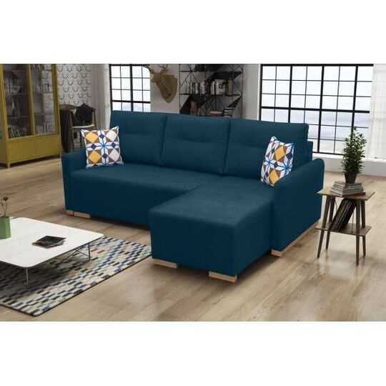 Kampinė sofa su miego funkcija, mediniu rėmu ir T30 putomis