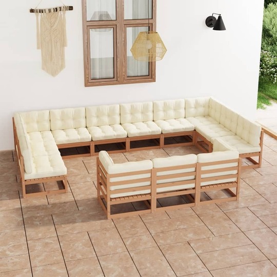 Sodo komplektas su pagalvėlėmis, medaus rudas, pušis, 13 dalių - Lauko baldų komplektai