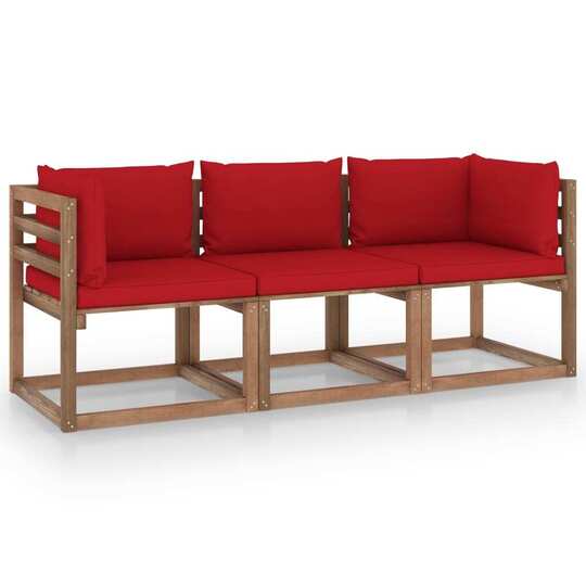 Trivietė sodo sofa iš palečių su raudonomis pagalvėlėmis, eglė - Foteliai, sofos