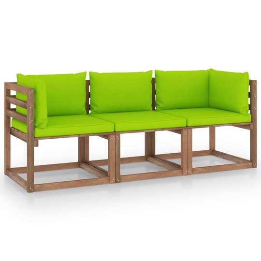 Trivietė sodo sofa iš palečių su šviesiai žaliomis pagalvėlėmis, eglė - Foteliai, sofos