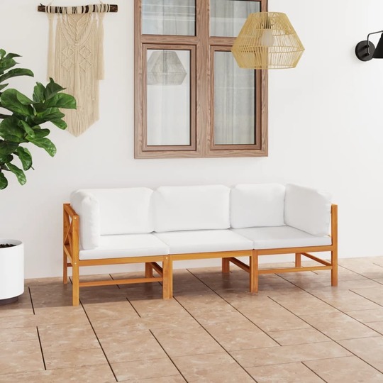 Trivietė sodo sofa su kreminėmis pagalvėlėmis, tikmedis - Foteliai, sofos