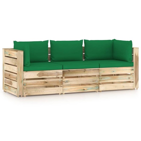 Trivietė sodo sofa su žaliomis pagalvėlėmis, žaliai impregnuota mediena - Foteliai, sofos