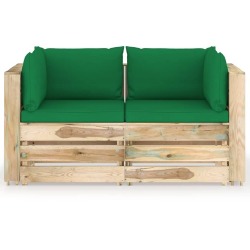 Dvivietė sodo sofa su pagalvėlėmis, žaliai impregnuota mediena, žalia - Foteliai, sofos