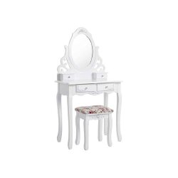 Kosmetinis staliukas su veidrodžiu ir taburete, baltas