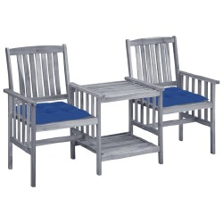 Sodo kėdės su arbatos staliuku ir pagalvėlėmis, karališka mėlyna spalva, akacija