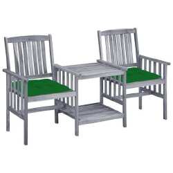 Sodo kėdės su arbatos staliuku ir žaliomis pagalvėlėmis, pilka akacija