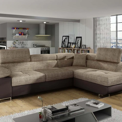 Moderni kampinė sofa-lova su reguliuojamomis atramomis