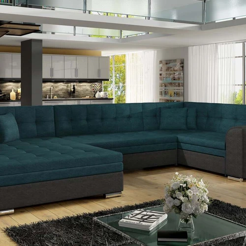 Stilinga ir erdvi kampinė sofa su elegantiškomis kojelėmis