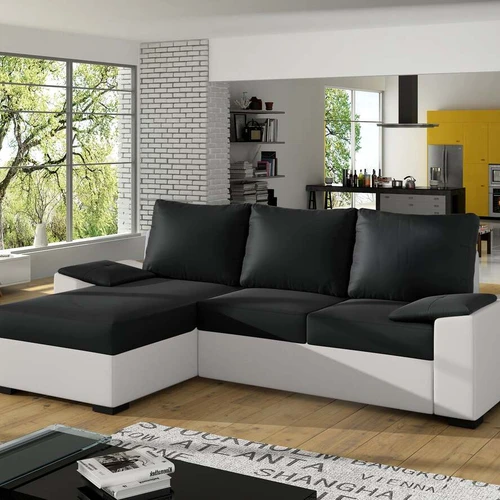 Moderni kampinė sofa su miegamąja funkcija ir patalynės saugykla