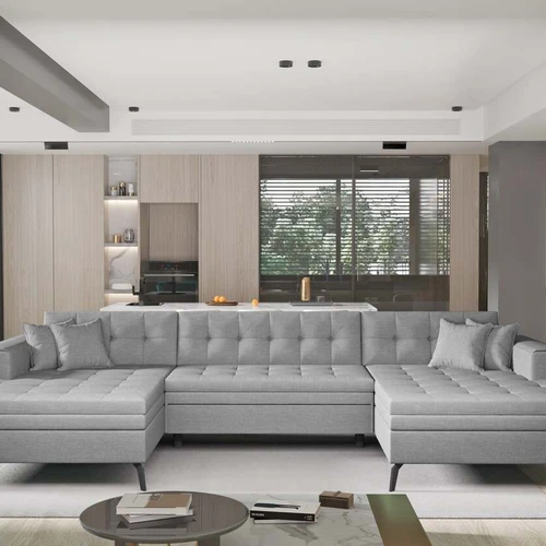 Elegantiška kampinė sofa su aukštomis metalinėmis kojomis