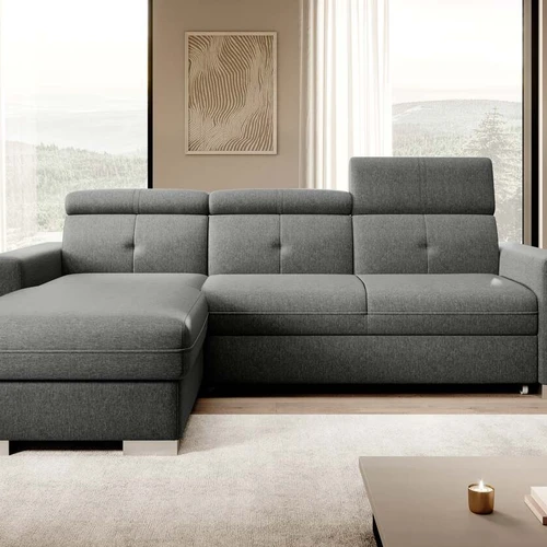 Elegantiška kampinė sofa su delfinų atidarymo mechanizmu ir patalynės konteineriu