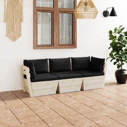 Trivietė sodo sofa iš palečių su pagalvėlėmis, eglės mediena, juoda