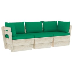 Trivietė sodo sofa iš palečių su pagalvėlėmis, eglės mediena, žalia - Foteliai, sofos