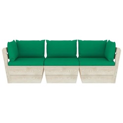 Trivietė sodo sofa iš palečių su pagalvėlėmis, eglės mediena, žalia - Foteliai, sofos